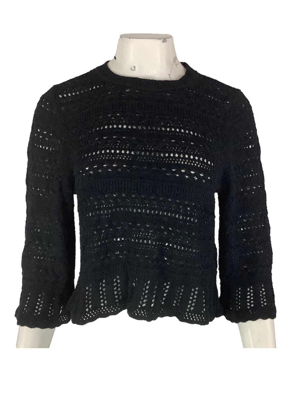 NWT Madewell Sz M Scalloped Peplum Trim Open Knit Cropped Sweater Tee Black